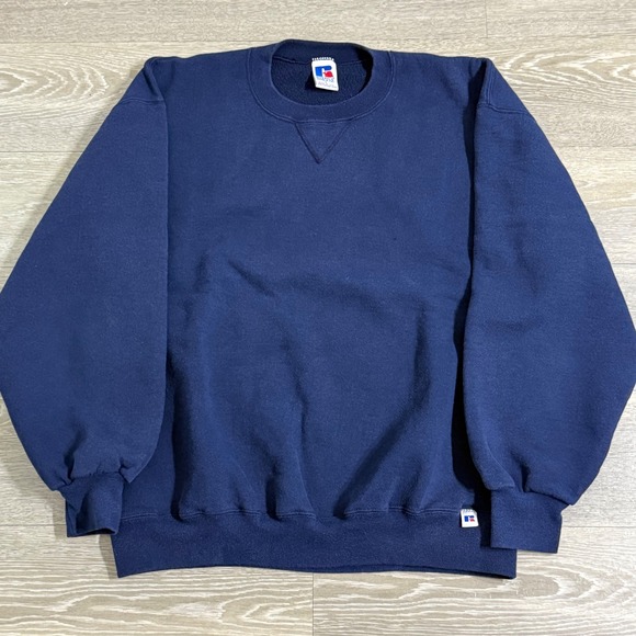 Vintage 90s Russell Athletic Blank Sweatshirt Navy Blue Large Essential USA Made - Picture 1 of 7